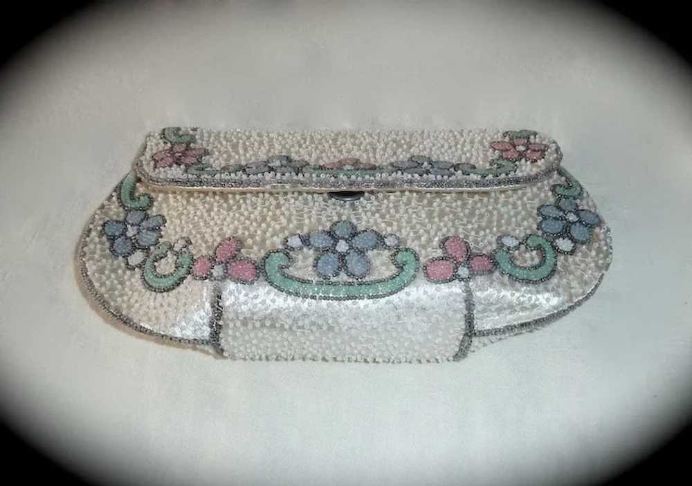 White Silk French Beaded Purse Floral Pastel Trim - image 4