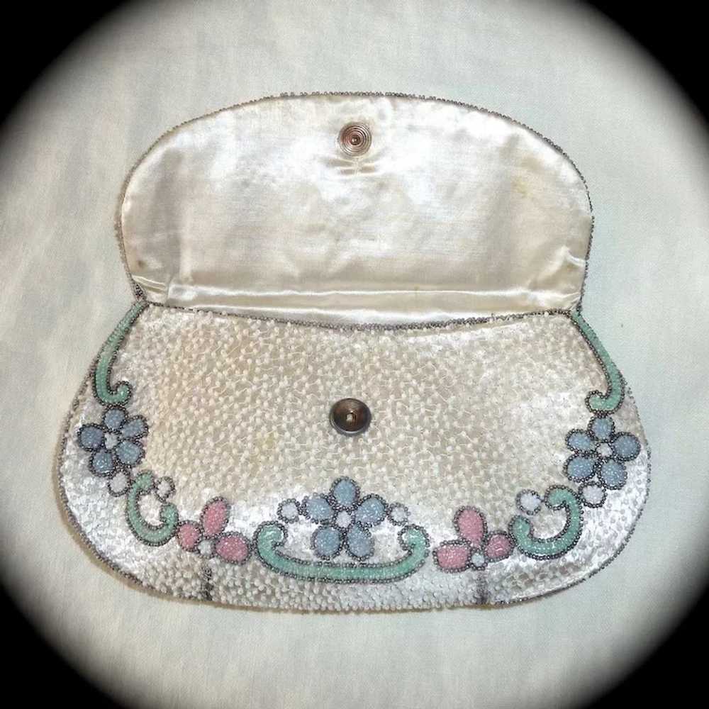 White Silk French Beaded Purse Floral Pastel Trim - image 5