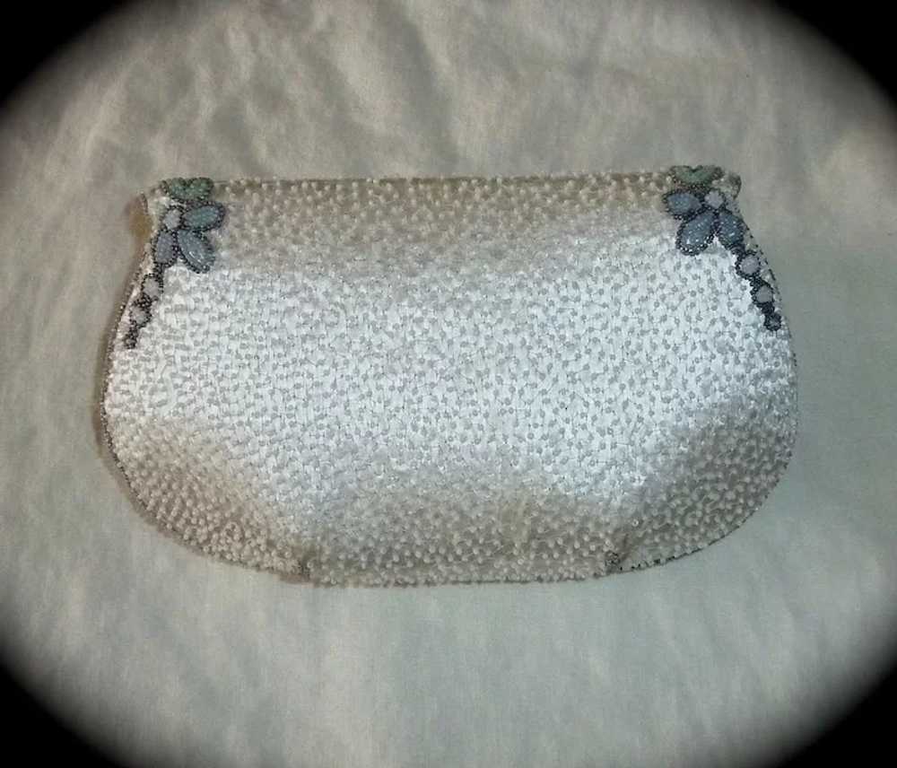 White Silk French Beaded Purse Floral Pastel Trim - image 8