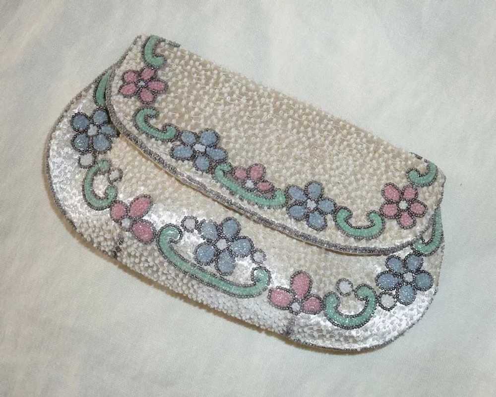 White Silk French Beaded Purse Floral Pastel Trim - image 9