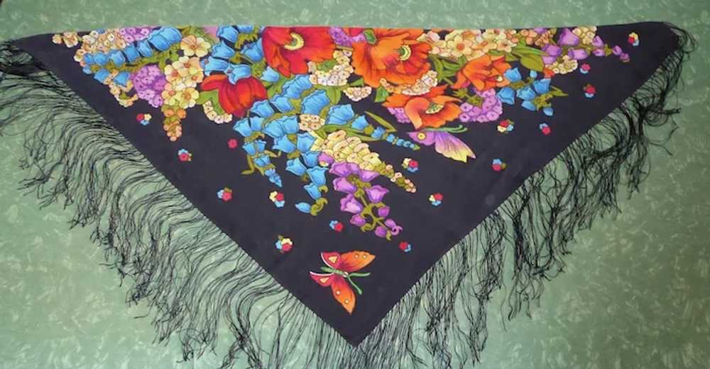 Silk Crepe Vibrant Floral Printed Large Fringed S… - image 4