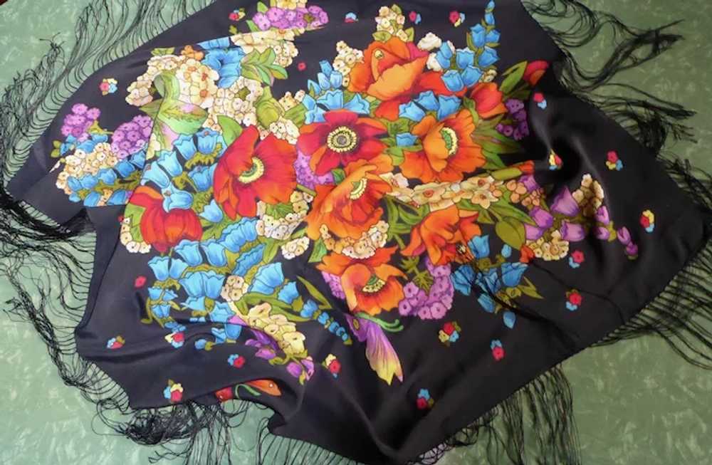 Silk Crepe Vibrant Floral Printed Large Fringed S… - image 5