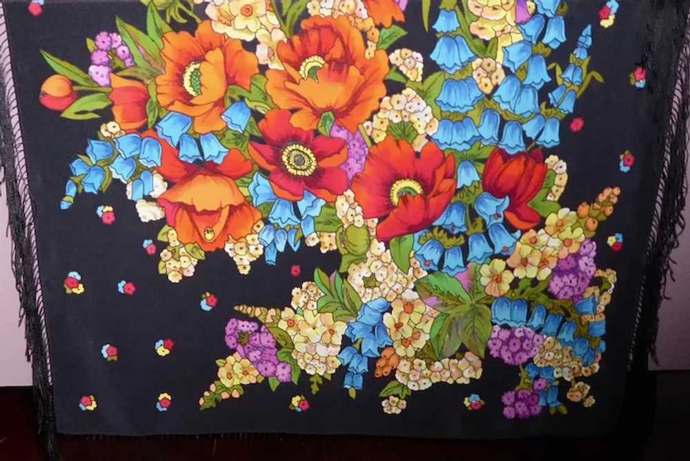 Silk Crepe Vibrant Floral Printed Large Fringed S… - image 6