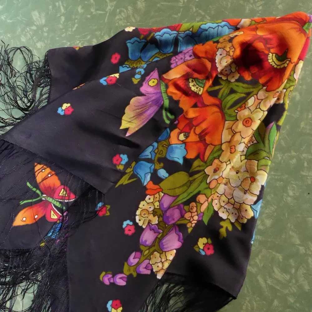 Silk Crepe Vibrant Floral Printed Large Fringed S… - image 7