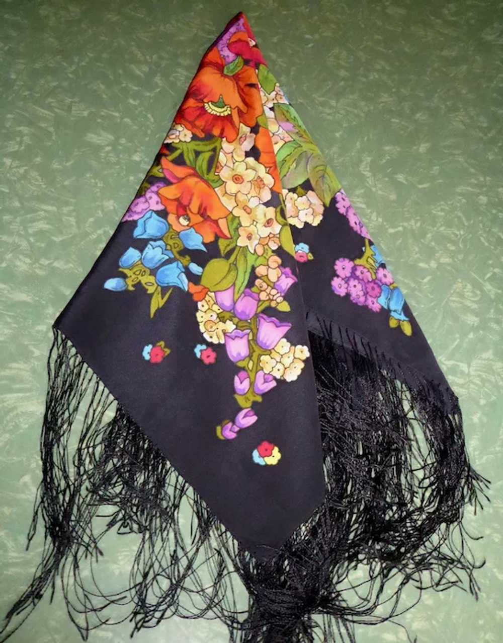 Silk Crepe Vibrant Floral Printed Large Fringed S… - image 8