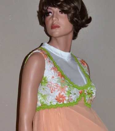 Circa 1960s ILGWU Long Peach Chiffon w/ Embroidery