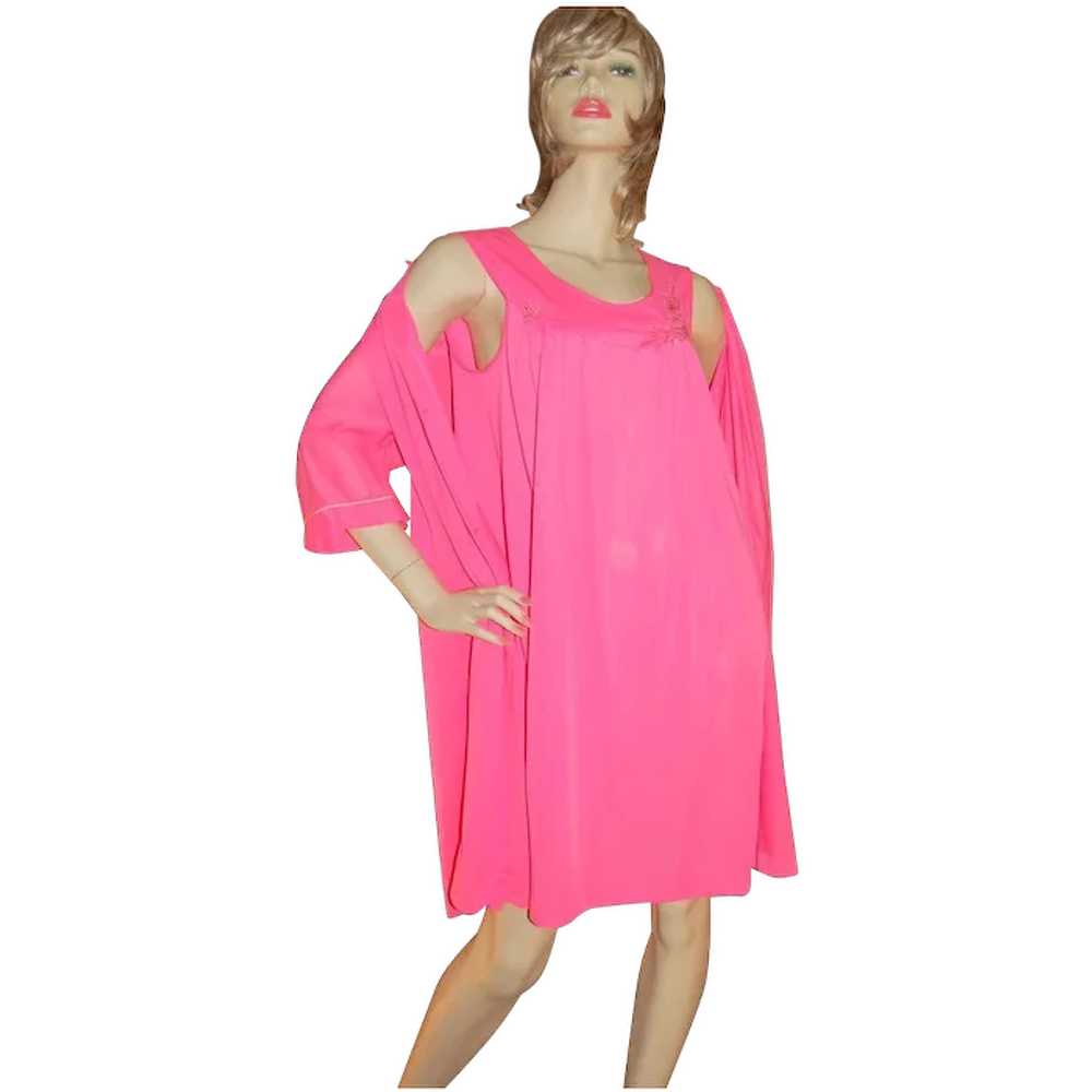 1960s Lorraine 2-Pc Hot Pink Nylon Nightgown &amp… - image 1