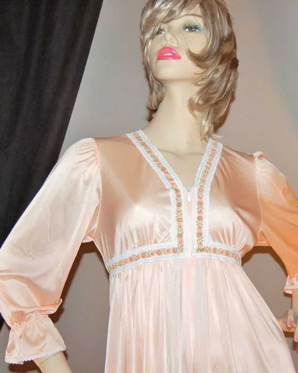 1970s Lorraine ~ Long Peach Nylon Lounging Gown/R… - image 1