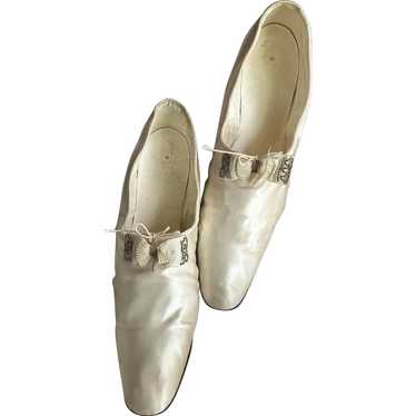 Antique Black Silk Shoes US 5 UK 3 John Wanamaker Louis Heels Velvet Ribbons Gold Buckles & Embroidery