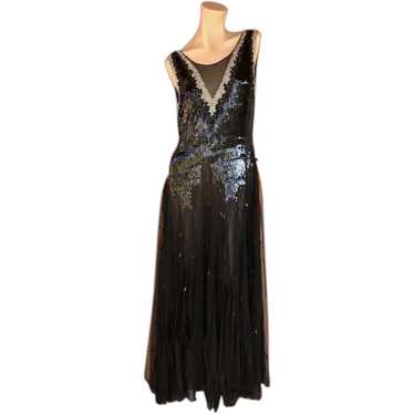 1930s Black Sequin Dress Evening Gown Sz S M - image 1
