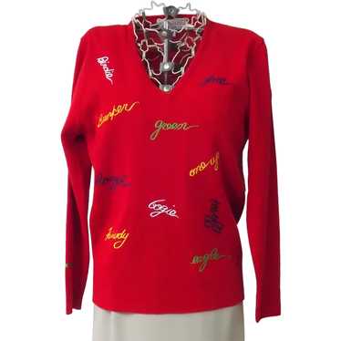 Vintage 1970s Women's Red Embroidered Golf V neck… - image 1