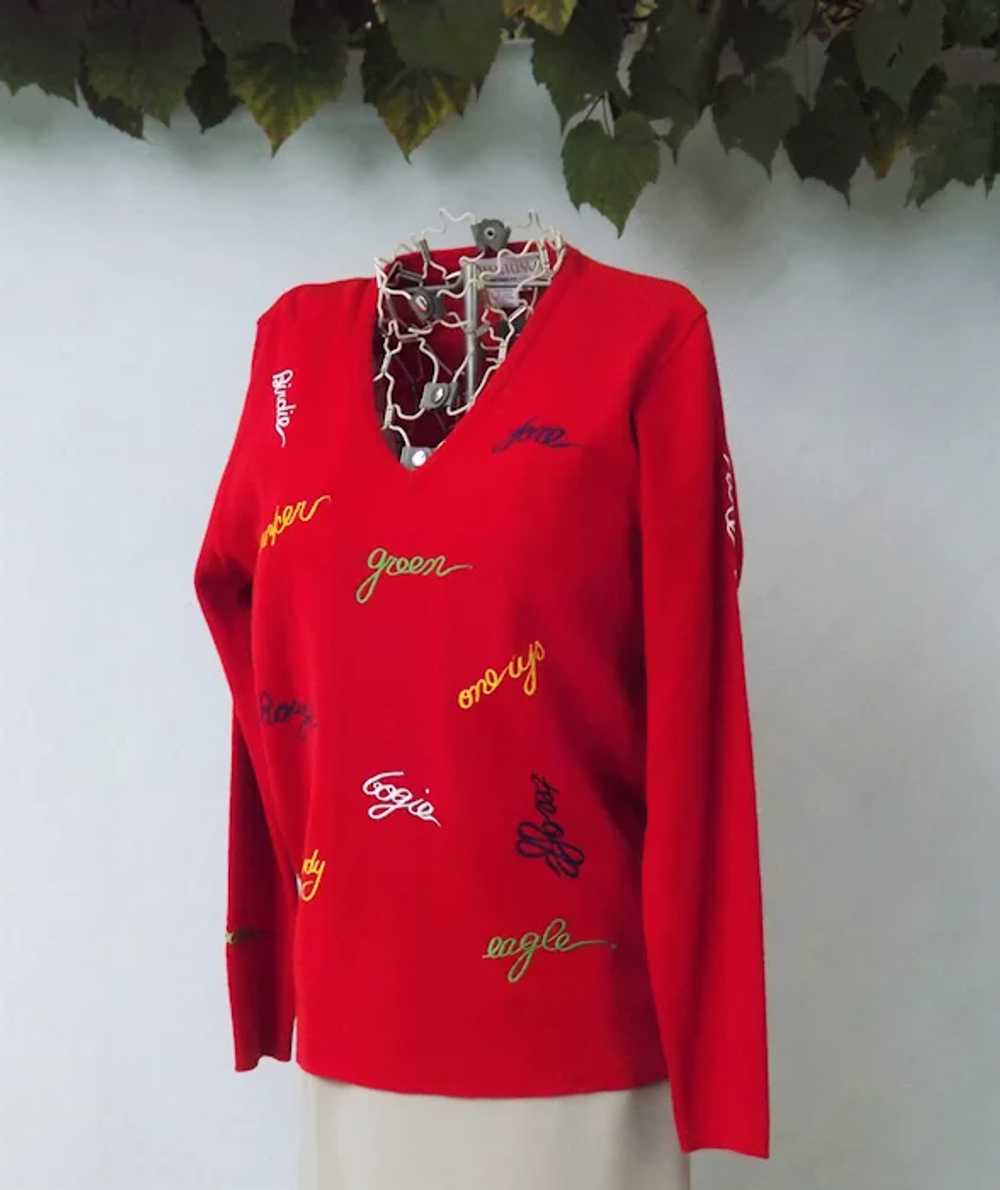 Vintage 1970s Women's Red Embroidered Golf V neck… - image 3