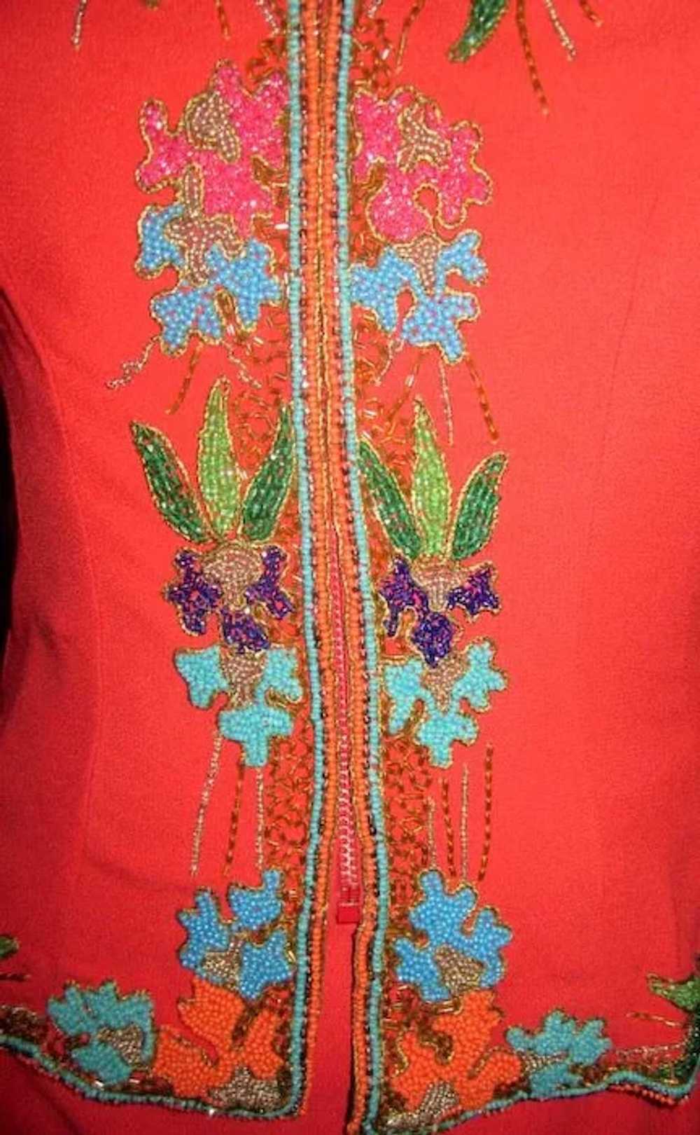 1940's Tomato Red, Multi-Colored Beaded Suit by "… - image 6