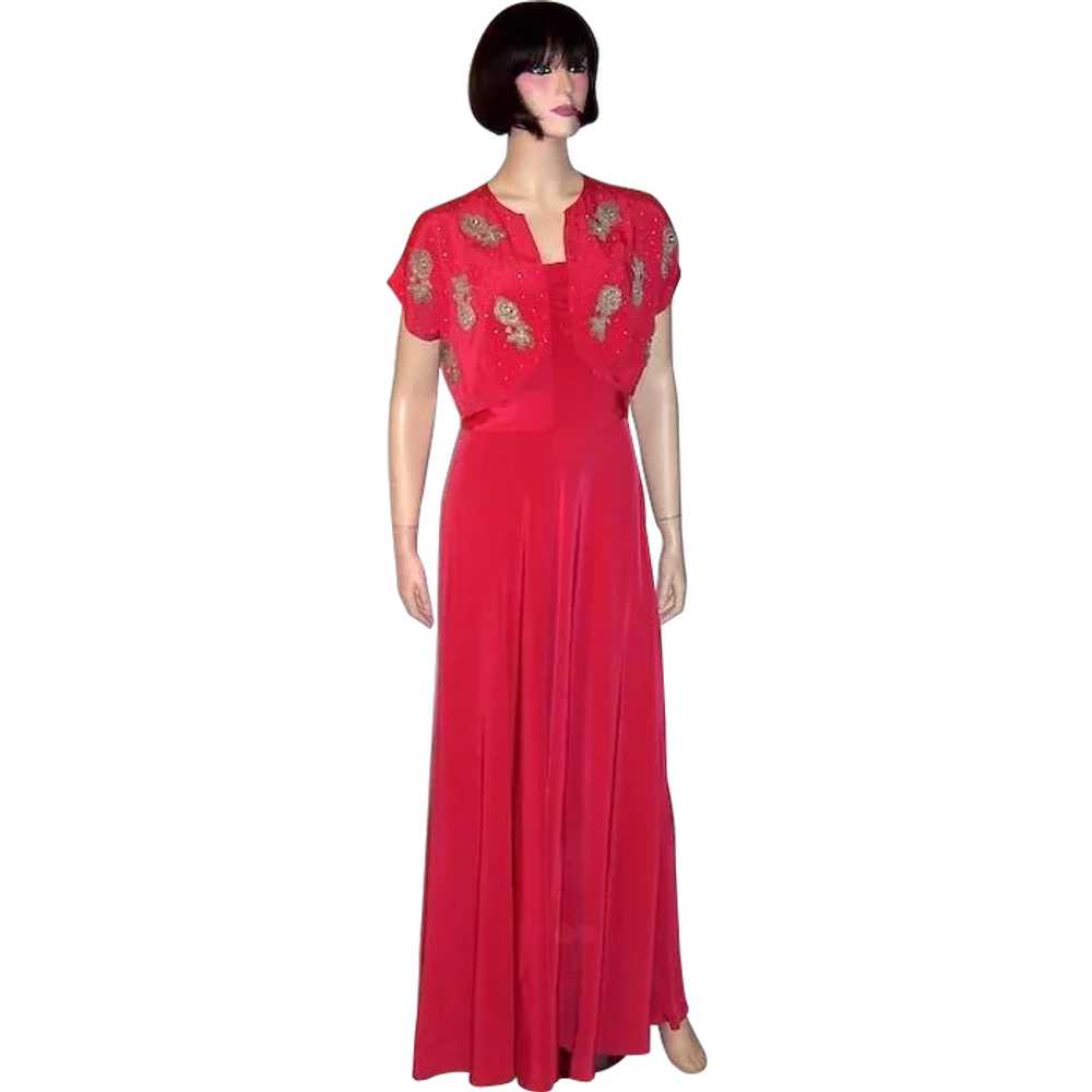 Early 1940's Cerise Sleeveless Gown with Embellis… - image 1