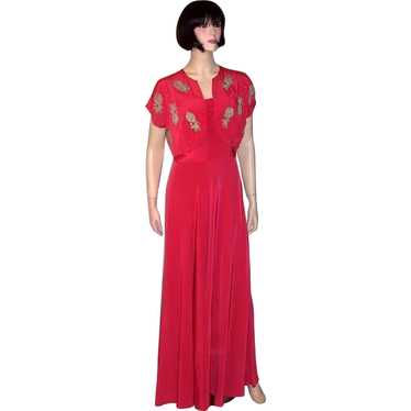 Early 1940's Cerise Sleeveless Gown with Embellis… - image 1