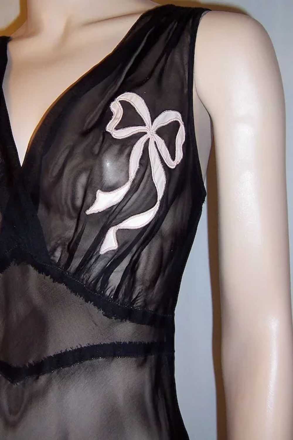 Sheer Black 1930's Negligee with Pink Bow Appliqu… - image 5