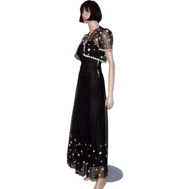 1930's Fanciful Black Net Gown with White Polka D… - image 1