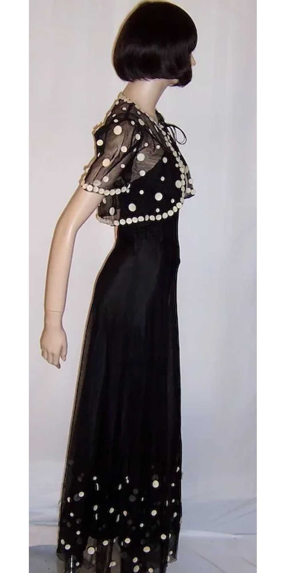 1930's Fanciful Black Net Gown with White Polka D… - image 2