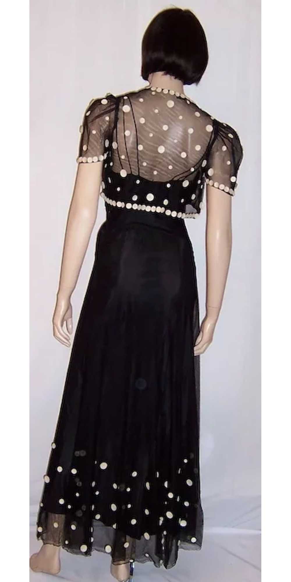 1930's Fanciful Black Net Gown with White Polka D… - image 3