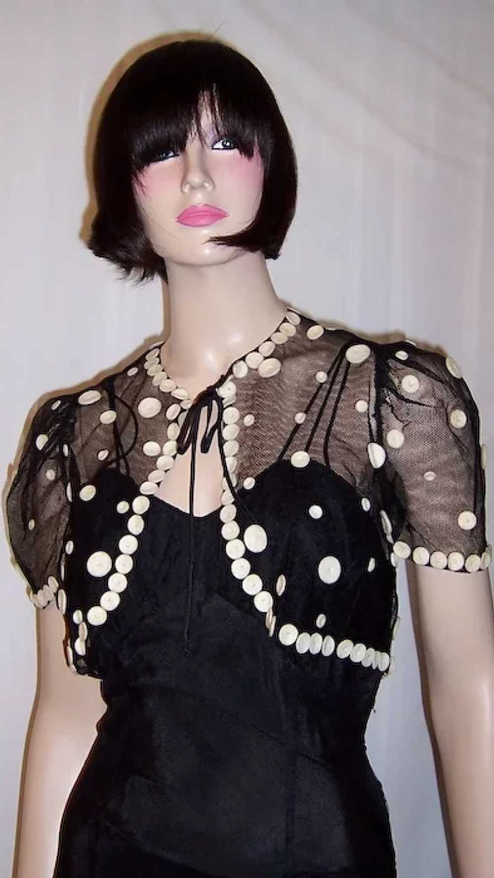 1930's Fanciful Black Net Gown with White Polka D… - image 4