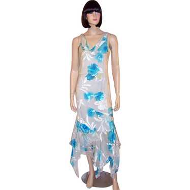 Printed Turquoise & White Silk Gown with Beadwork - image 1