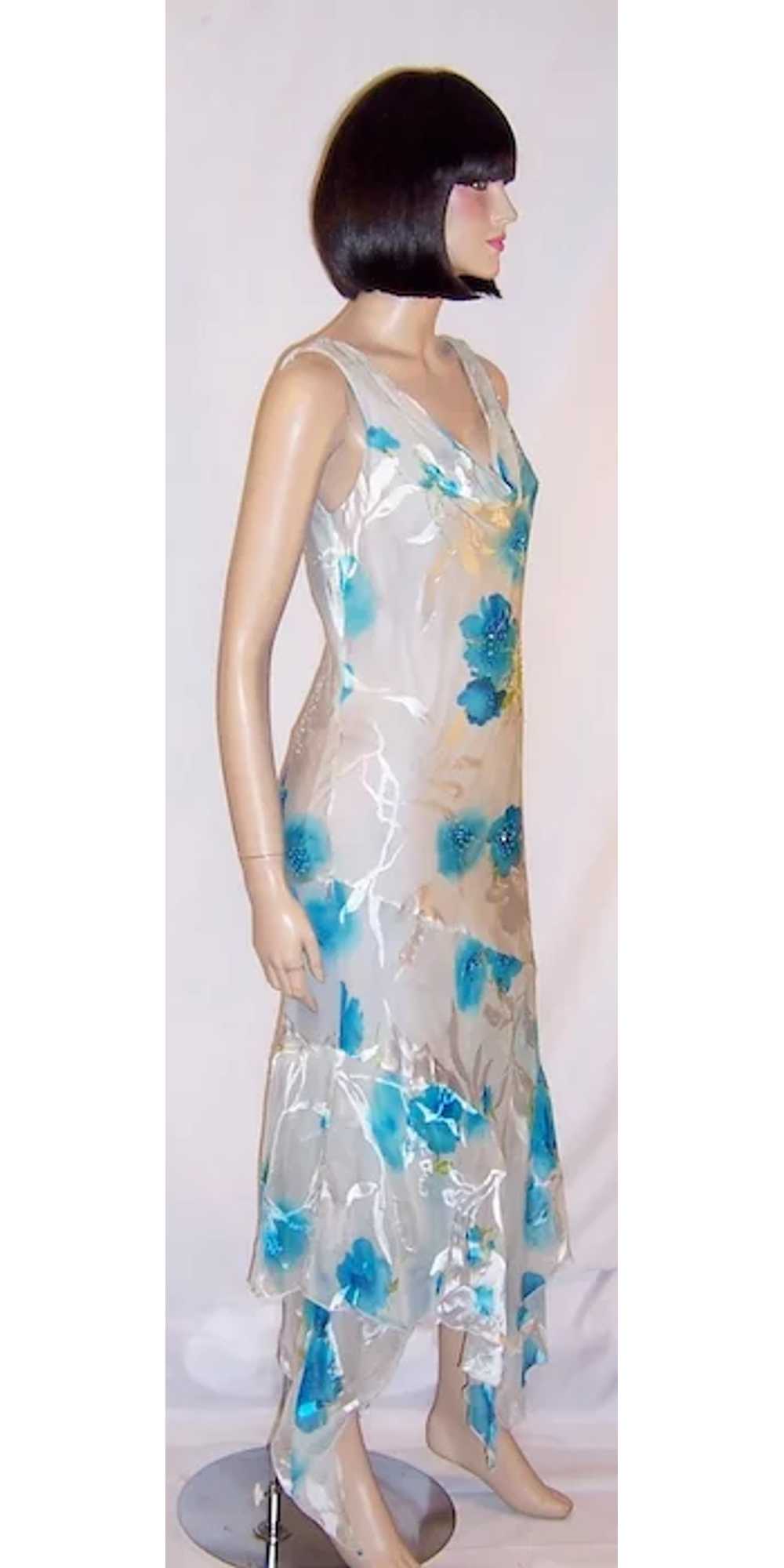 Printed Turquoise & White Silk Gown with Beadwork - image 2