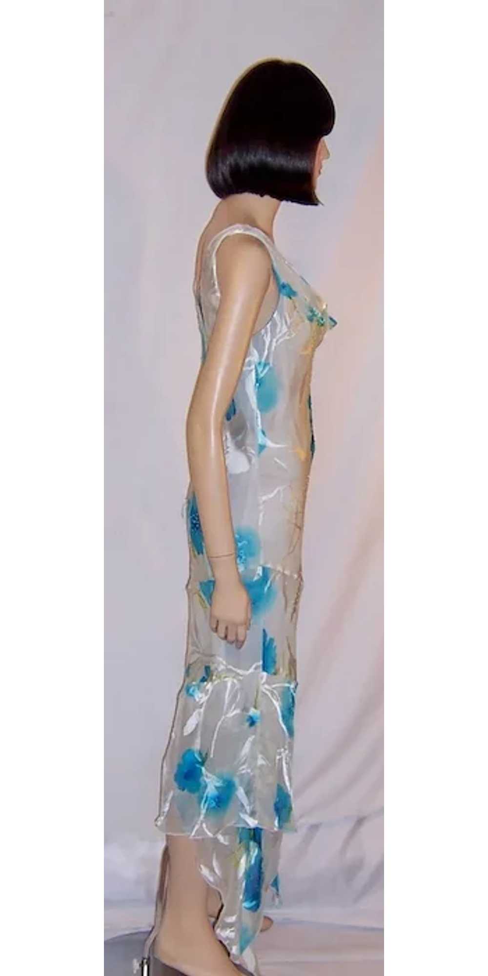 Printed Turquoise & White Silk Gown with Beadwork - image 3
