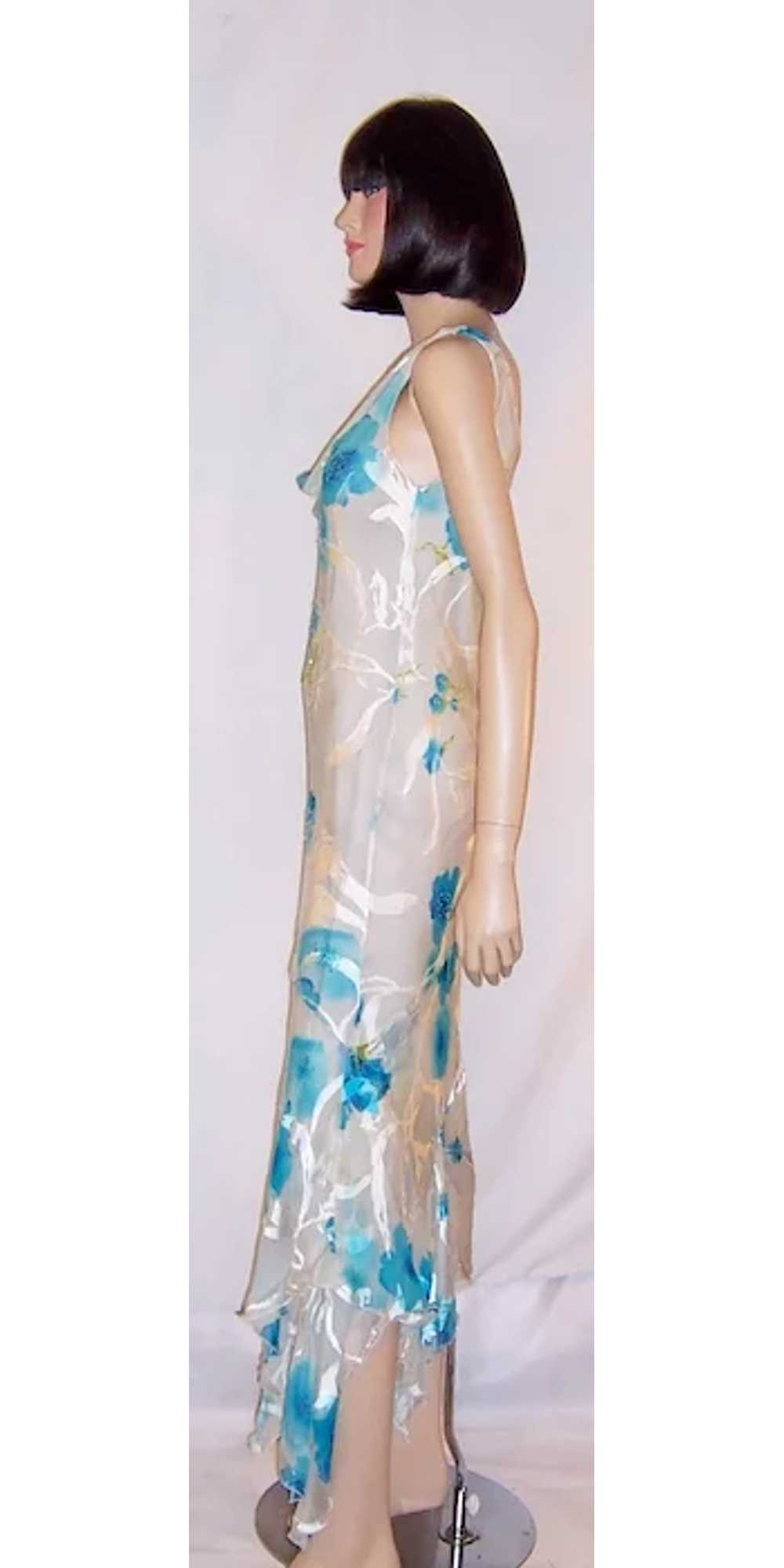 Printed Turquoise & White Silk Gown with Beadwork - image 5