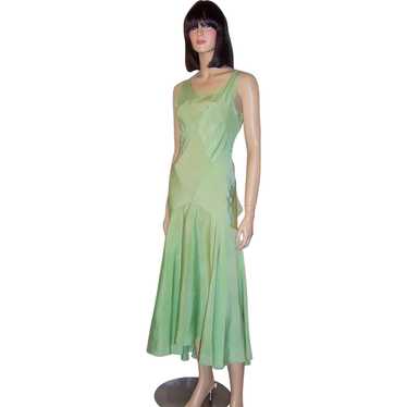 1930's Bias-Cut, Pastel Green Silk Crepe and Lace… - image 1