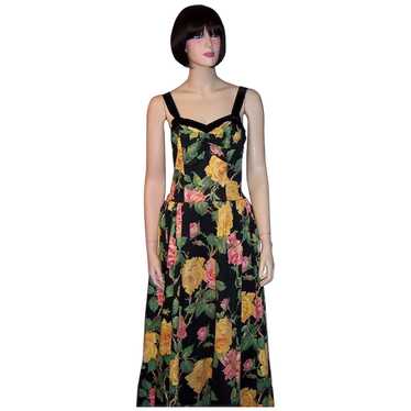 1940's Cabbage Rose Printed Gown on Black Backgrou