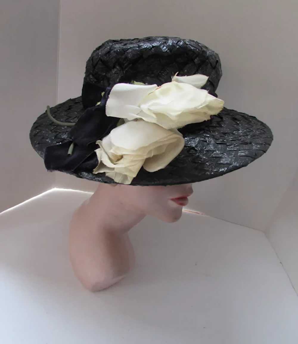 Mid-Century Wide Brim Hat Black Woven Cellophane … - image 3