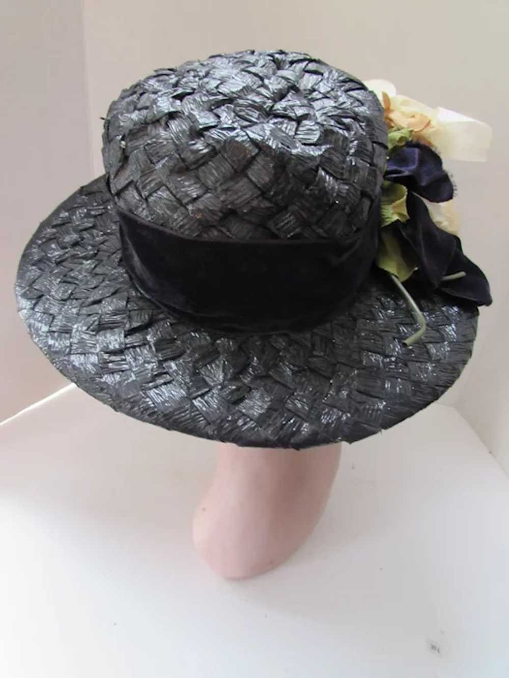 Mid-Century Wide Brim Hat Black Woven Cellophane … - image 6