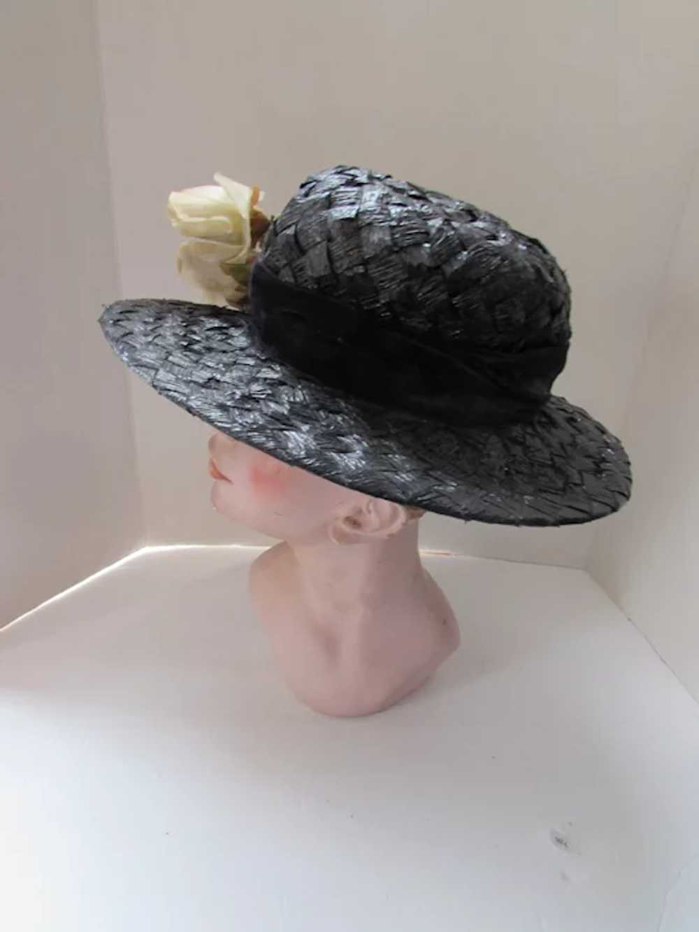 Mid-Century Wide Brim Hat Black Woven Cellophane … - image 8