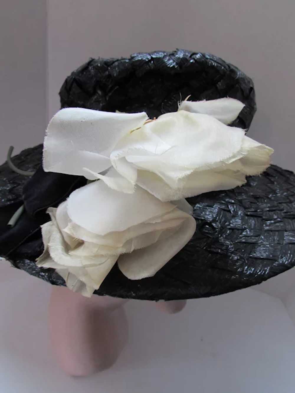 Mid-Century Wide Brim Hat Black Woven Cellophane … - image 9