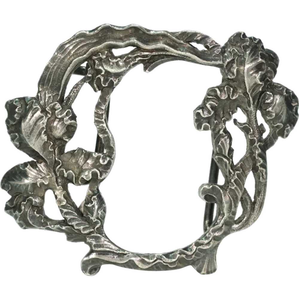 Silver Buckle Clasp with Frilly Iris and Leaf Mot… - image 1