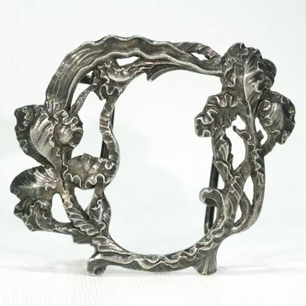 Silver Buckle Clasp with Frilly Iris and Leaf Mot… - image 7