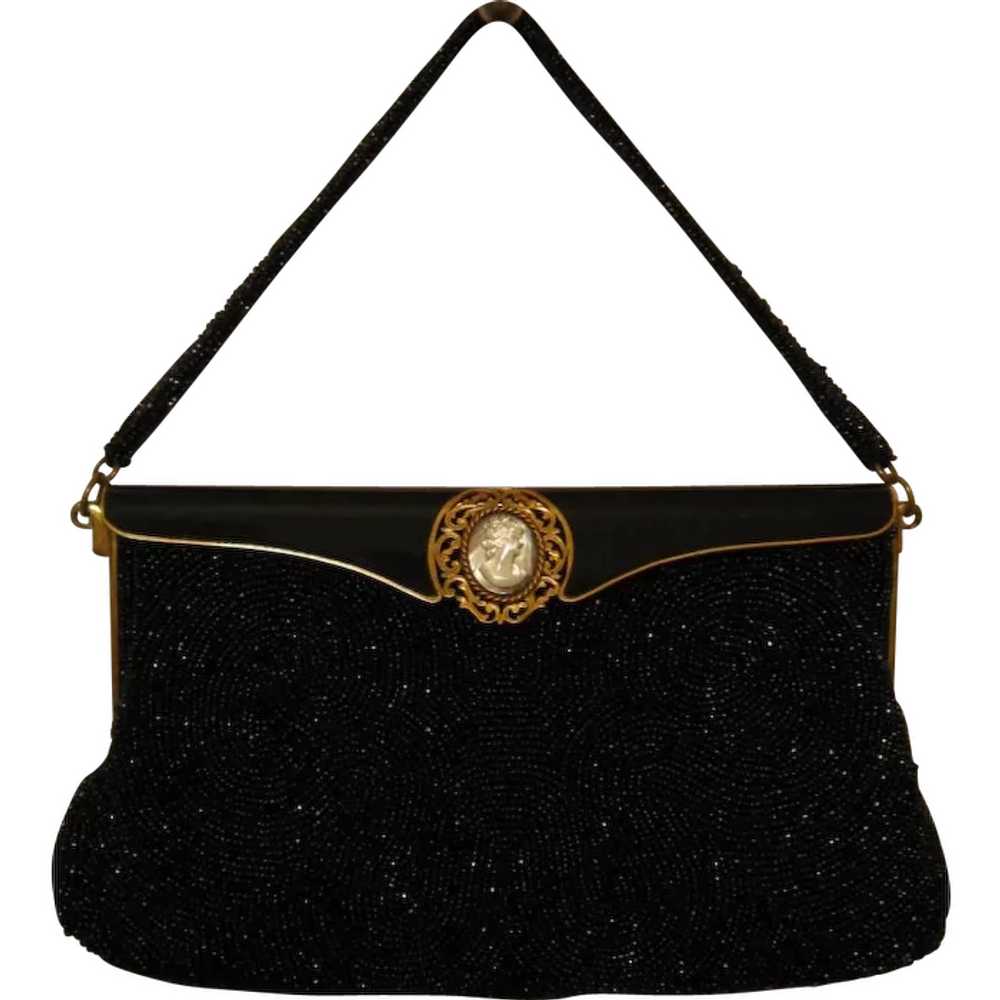 Black Beaded, Enameled Purse, Mother-of-Pearl Aba… - image 1