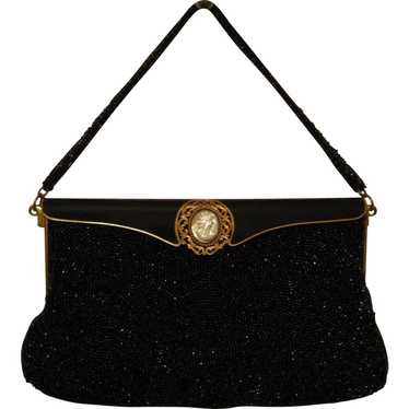 Black Beaded, Enameled Purse, Mother-of-Pearl Aba… - image 1