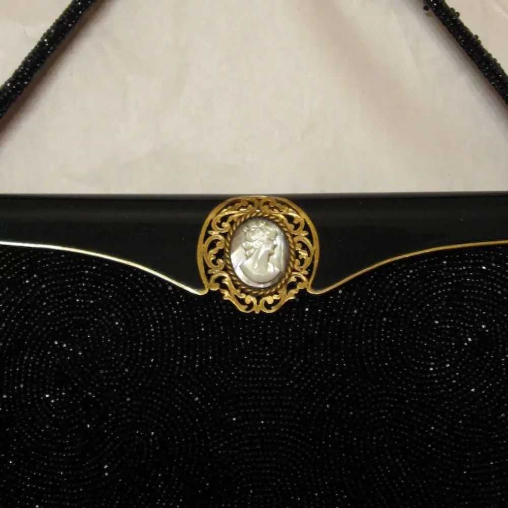 Black Beaded, Enameled Purse, Mother-of-Pearl Aba… - image 2