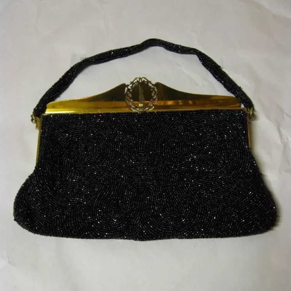 Black Beaded, Enameled Purse, Mother-of-Pearl Aba… - image 3