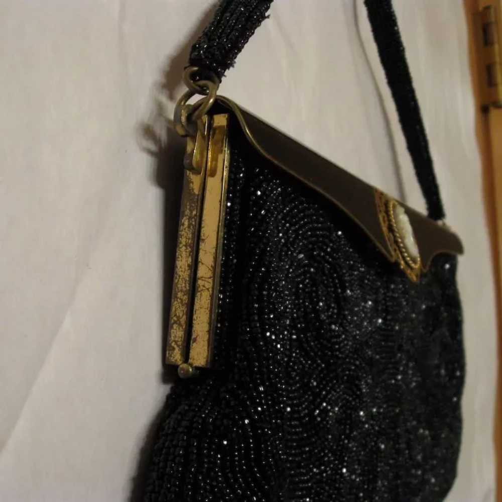 Black Beaded, Enameled Purse, Mother-of-Pearl Aba… - image 6