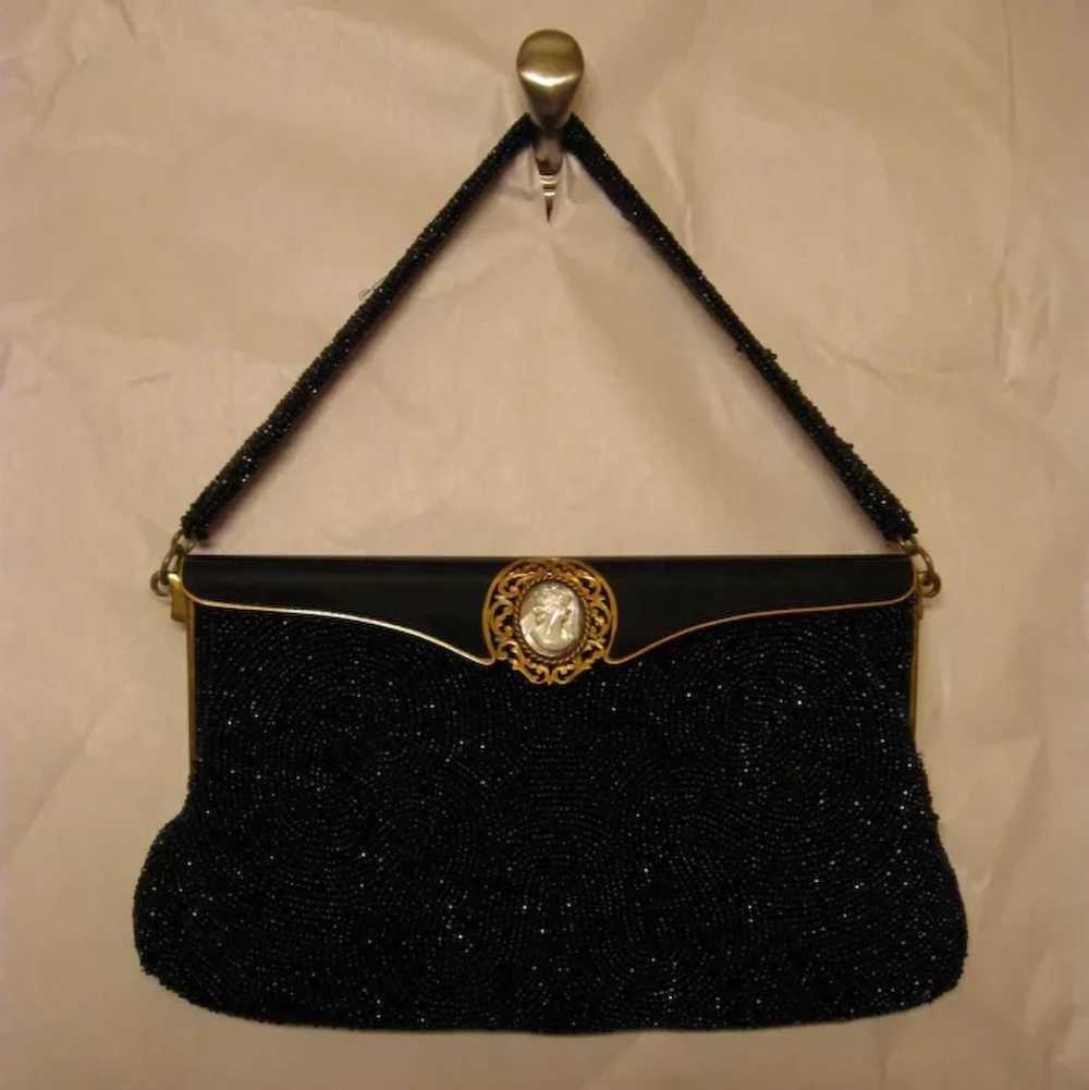 Black Beaded, Enameled Purse, Mother-of-Pearl Aba… - image 9