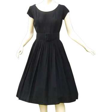 Vintage 1950s Black Dress Full Skirt Wide Belt - image 1