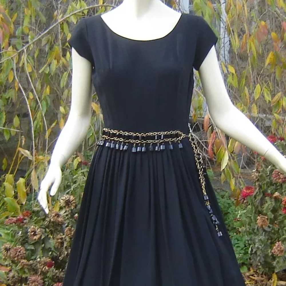Vintage 1950s Black Dress Full Skirt Wide Belt - image 6