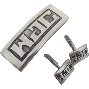 1950's Sterling Belt Buckle Matching Cuff Links by