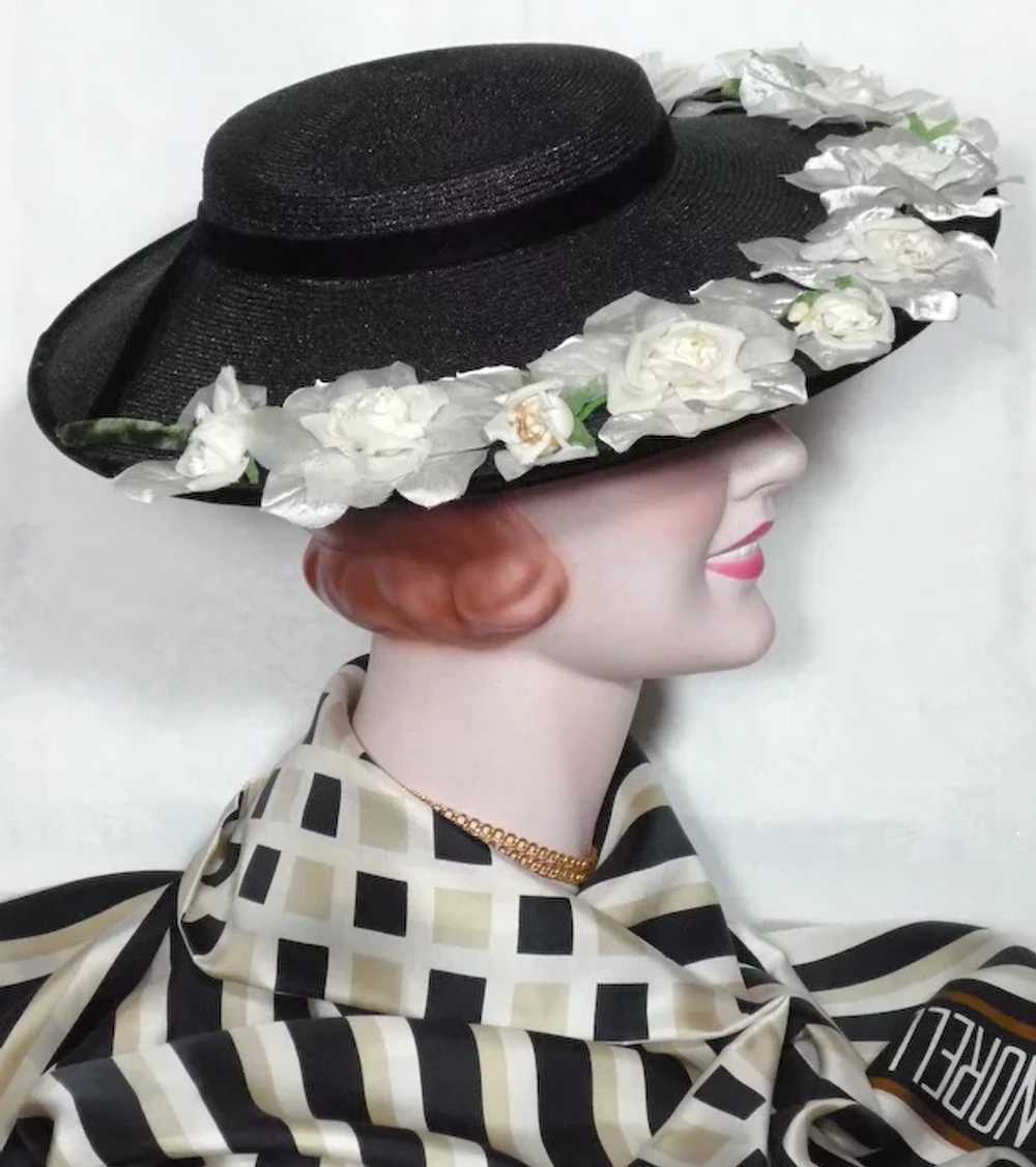 Vintage 1950s Black Straw Cartwheel Hat With Whit… - image 4