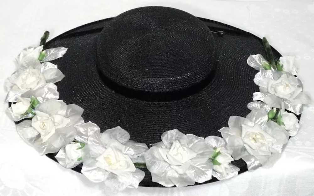 Vintage 1950s Black Straw Cartwheel Hat With Whit… - image 5