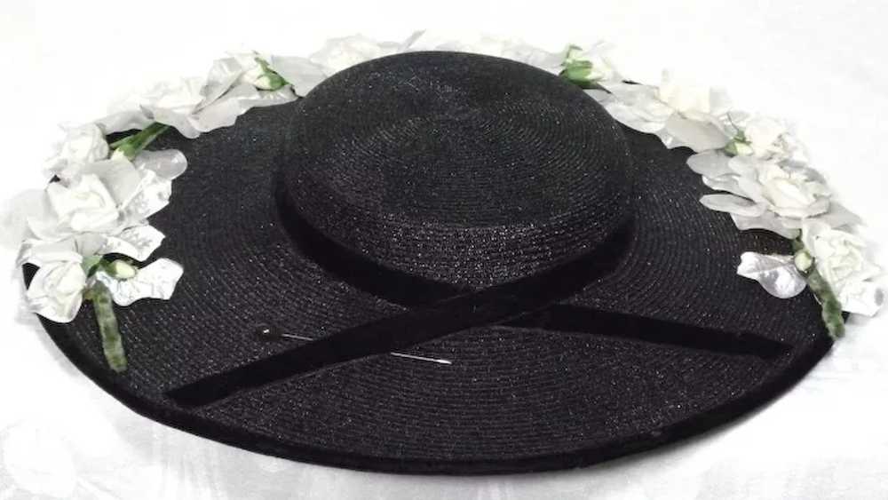 Vintage 1950s Black Straw Cartwheel Hat With Whit… - image 6