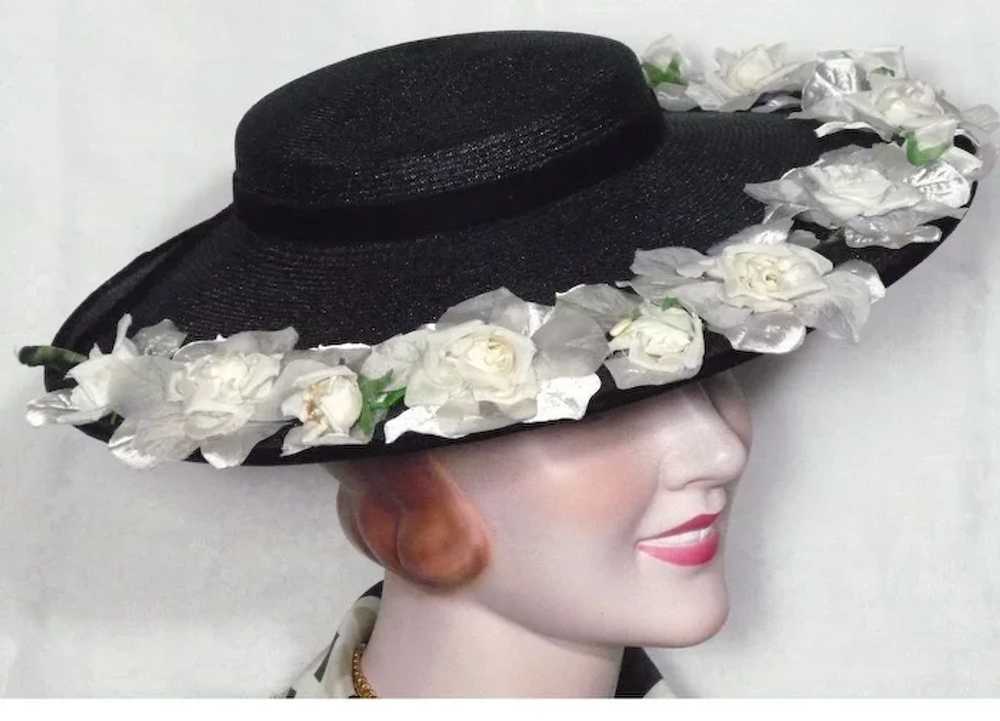 Vintage 1950s Black Straw Cartwheel Hat With Whit… - image 9