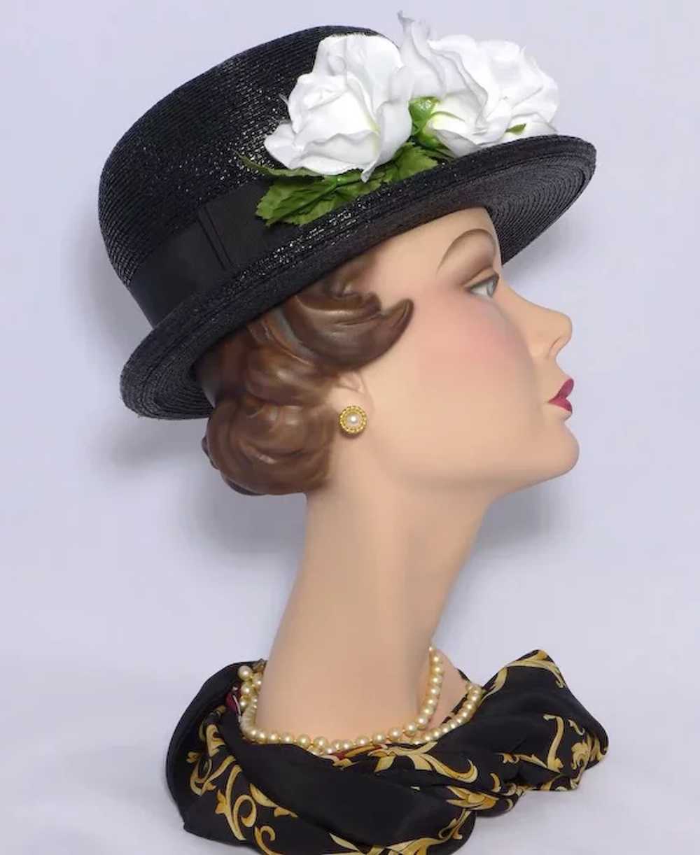 Vintage 1970s Black Straw Bowler Style Hat White … - image 2